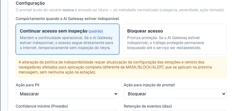 Configuração real de fail-open (Continuar acesso sem inspeção) vs fail-closed (Bloquear acesso) no AI Gateway
