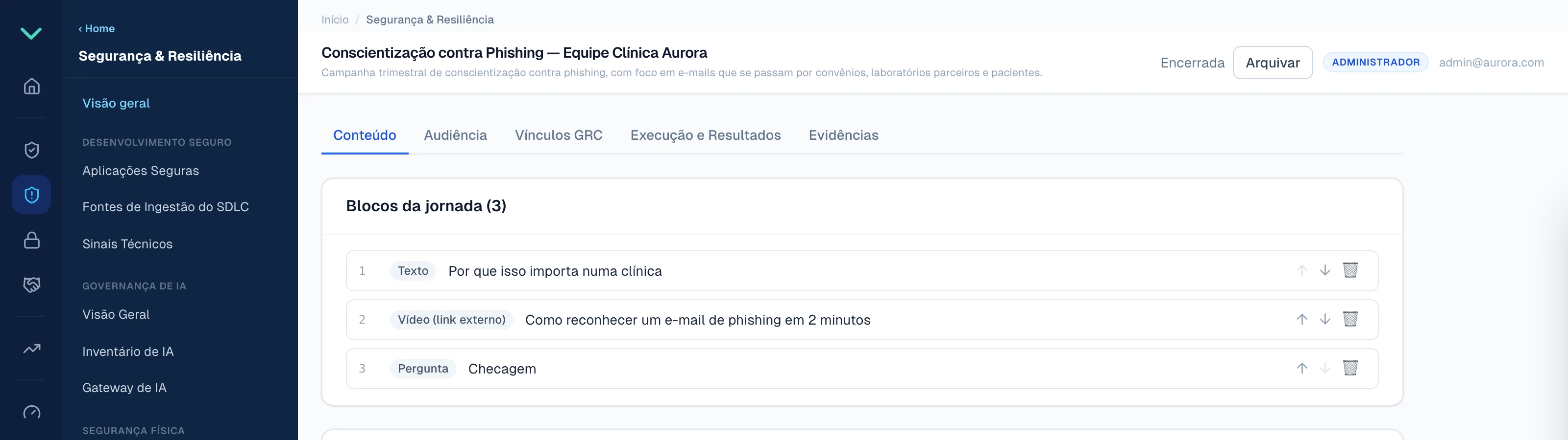 Campanha de conscientização contra phishing no Veyra, com blocos de jornada de texto, vídeo e pergunta de checagem